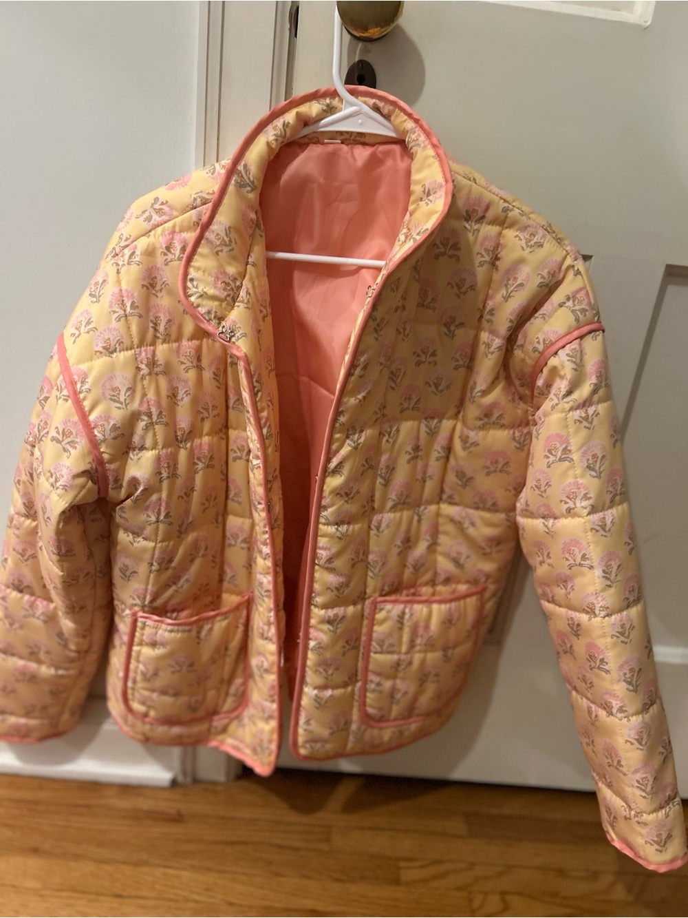 Quilted Yellow Floral Jacket with Pink Trim